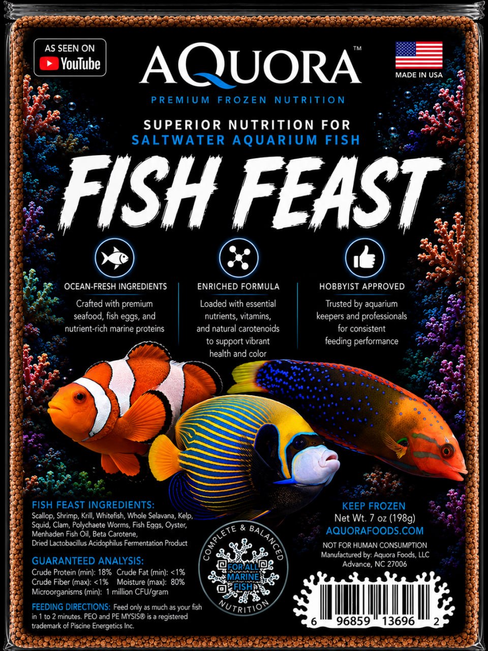 Aquora Fish Feast — premium frozen marine fish food, 7 oz pack